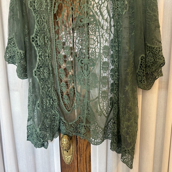 Simply Couture Sage Green Tab Sleeve Knit Lace Peacock Open Cardigan - Picture 4 of 10